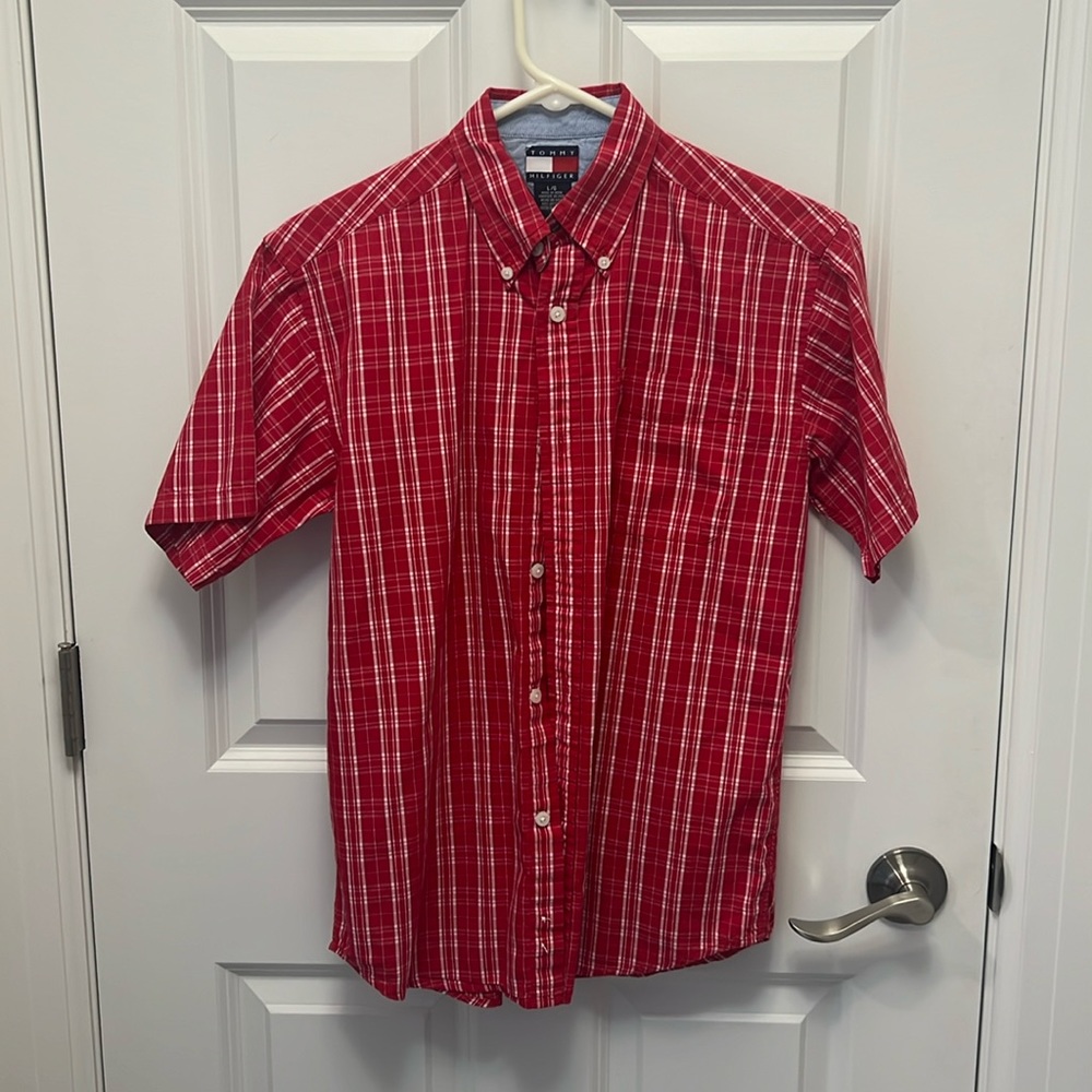 Tommy Hilfiger short sleeve button down- red plaid- boys L